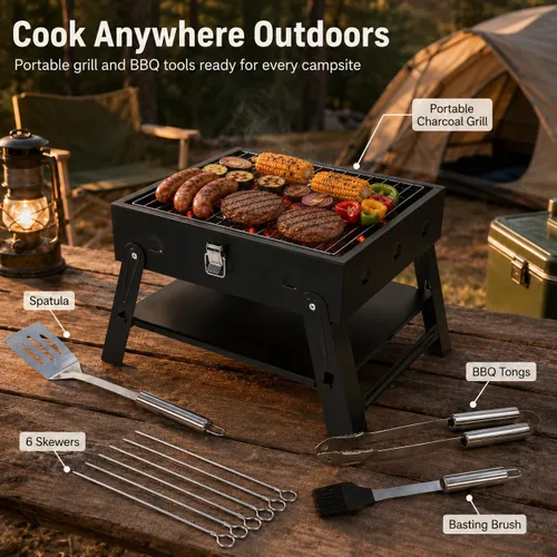 Vista 3 de Pequeña parrilla de carbón portátil para barbacoa: Mini parrillas plegables
