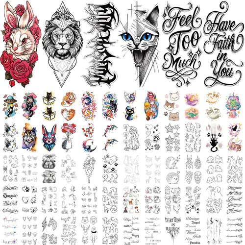 Vista 2 de 77 hojas de tatuajes temporales, 17 hojas de tatuajes de medio brazo de gatos, perros, conejos, leones y elefantes lindos para hombres, mujeres
