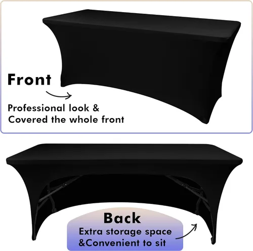 Vista 5 de Nasitos Paquete de 2 Manteles Ajustados de Spandex Negro para Mesas de 4 Pies - Cubierta para Mesa Plegable con Respaldo Abierto, Tela Lavable