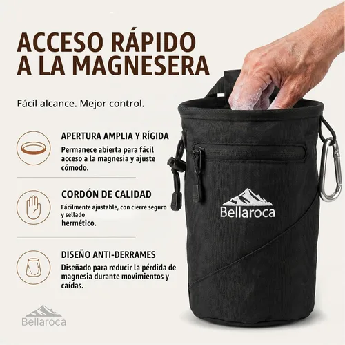 Vista 5 de BELLAROCA® Chalk Bag and Bouldering Brush for Rock Climbing – Waterproof Climbing Set with Ergonomic Design, Adjustable Belt and Carabiner