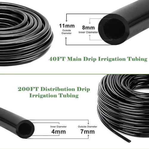 Vista 3 de Kit de riego por goteo de 200 pies + 40 pies, sistema de riego de jardín con tubo principal de 8/11 mm, tubo de riego de distribución de 4/7 mm