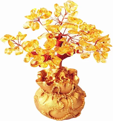 Vista 5 de Colorsheng Feng Shui - Árbol de dinero de cristal de cuarzo citrino, decoración estilo bonsái para suerte y riqueza (macetas de dragón)