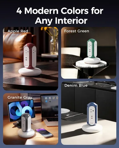 Vista 9 de MiaoLab Torre de regleta de alimentación con 2 puertos USB-C (carga rápida de 30 W), protector de sobretensiones 1420J, 4 salidas de CA, cable