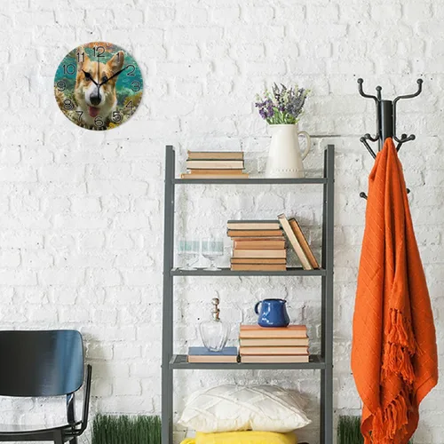 Vista 4 de Reloj de pared con aspecto corgi, funciona con pilas, silencioso, de cuarzo, analógico, rústico, estilo rural, redondo, decoración retro