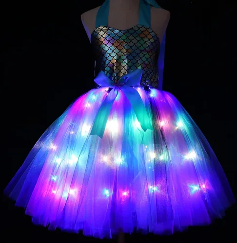 Vista 3 de Viyorshop Girls Mermaid Costume LED Light Up Mermaid Tutu Dress Up Gifts Princess Dress for Halloween Birthday Gift 3-8Years