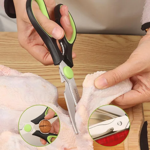 Vista 2 de Tijeras de cocina, cuchillas de acero inoxidable, agarre suave, juego de tijeras de cocina multiusos resistentes, negro/verde, juego de 4 piezas