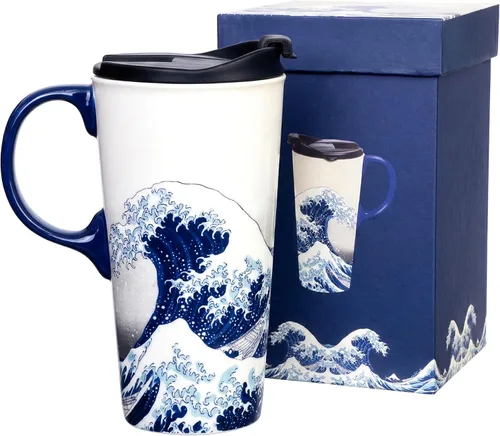Vista 14 de Taza de cerámica de viaje de Voltugar con tapa y asa para el hogar y la oficina, taza de té alta de porcelana con diseño de olas y caja