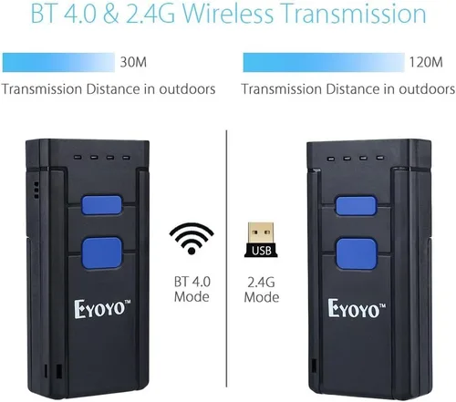 Vista 2 de Eyoyo Mini escáner de código de barras inalámbrico 1D Bluetooth, Bluetooth 3 en 1 y conexión inalámbrica y cableada 2.4G, lector de código de barras