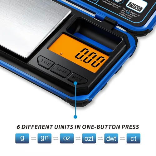 Vista 2 de Báscula de bolsillo de precisión, 200 gx0.0.04 oz escala de gramos de joyería Báscula digital para alimentos con pantalla LCD, conversiones de 6