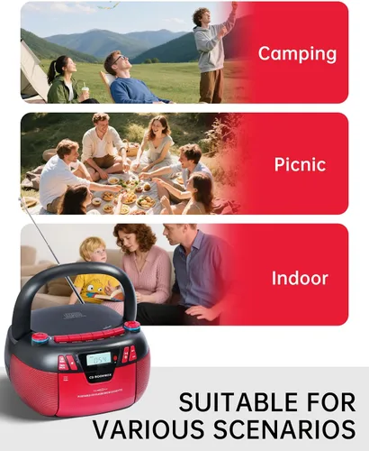 Vista 8 de Reproductor de CD Boombox con Bluetooth y reproductor de casete Radio AM/FM portátil, entrada MP3/USB/AUX, sistema de sonido estéreo