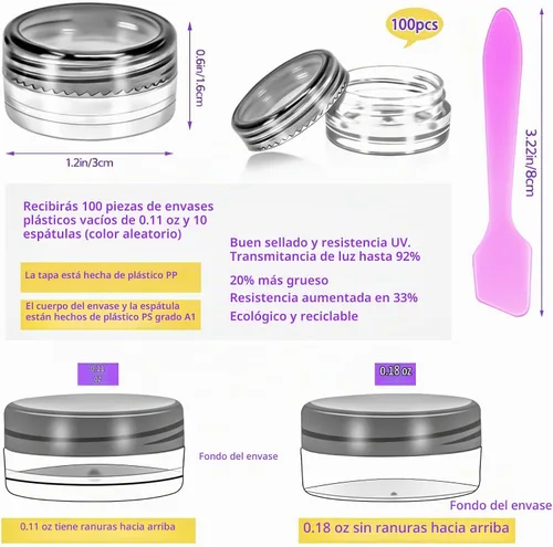 Vista 2 de 100 paquetes de botes de plástico de 3 g con tapas, botes de cosméticos redondos transparentes de 3 ml, botes de maquillaje de 3 gramos