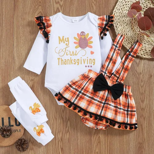 Vista 2 de My First Thanksgiving - Trajes de bebé para niña, disfraz de pavo recién nacido, manga larga, con volantes, falda con tirantes de 0 a 18 meses