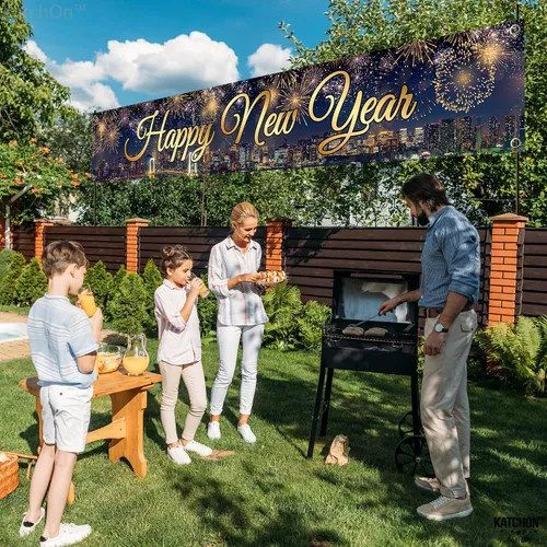 Vista 8 de KatchOn Cartel de Feliz Año Nuevo 2025, extragrande, 120 x 20 pulgadas Suministros para fiestas de Nochevieja 2025, decoraciones nuevas 2025