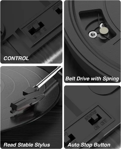 Vista 4 de MONODEAL - Tocadiscos de vinilo con altavoces, tocadiscos de 3 velocidades para discos de vinilo con transmisor Bluetooth, parada automática, salida
