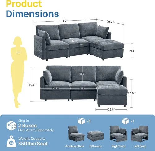 Vista 2 de Iroomy Sofá modular modular para sala de estar, asiento con cojín de resorte, moderno sofá convertible en nube con otomana, gris