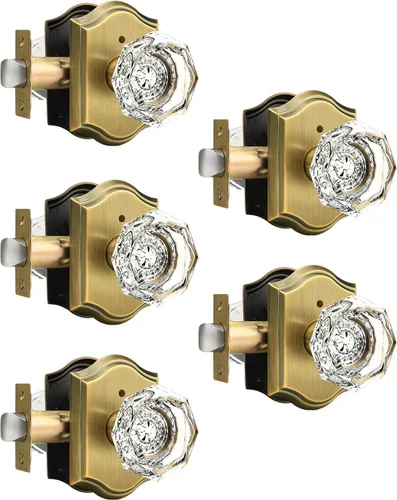 Vista 31 de Gobrico Juego de pomos de puerta de vidrio transparente para interiores, cerradura de puerta de cristal de diamante de privacidad en latón antiguo