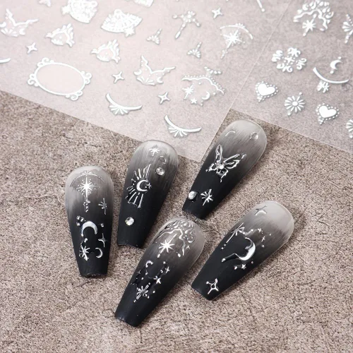 Vista 4 de Calcomanías de uñas metálicas plateadas 3D – Calcomanías de uñas para mujer, diseño de estrellas, luna y sol, decoración de mariposas y bohemio