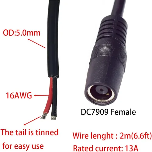 Vista 2 de Cable de alimentación DC7909, 3 unidades, 12 V, 24 V, CC, 0.315 in, enchufe hembra a cable desnudo, cable de reparación de suministro
