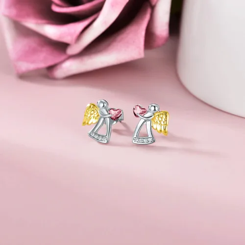 Vista 2 de Pendientes de plata de ley con forma de ángel de la guarda, regalo de cumpleaños, bautizo, comunión para niñas