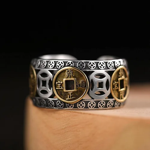 Vista 2 de Anillo de plata 925, anillo chino de la suerte con dinero antiguo, adecuado para joyas ajustables para hombres