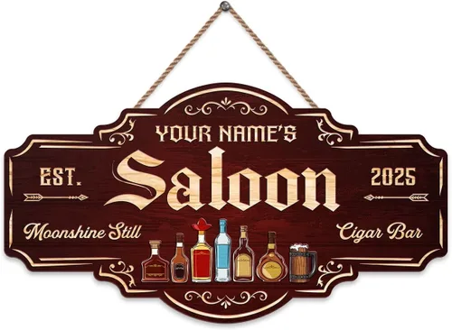 Vista 20 de Placa de pared personalizada con letrero de madera con texto en inglés "Welcome To Our Bar" (NO REAL CARVED), decoración de barra de sótano, sala