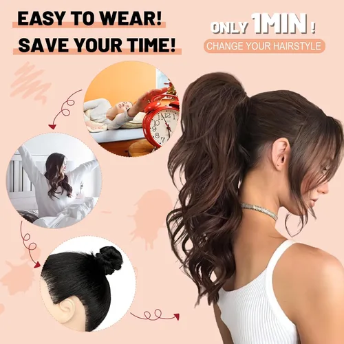 Vista 5 de Extensión de cola de caballo de 22 pulgadas y 24 pulgadas de largo, ondulado y lacio, extensiones de cabello sintético de aspecto natural