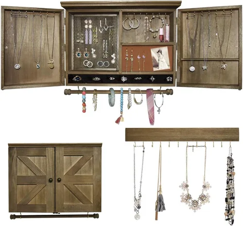 Vista 9 de Organizador de joyas rústico montado en la pared con decoración de puerta de granero de madera, soporte de pared de madera, soporte de joyería