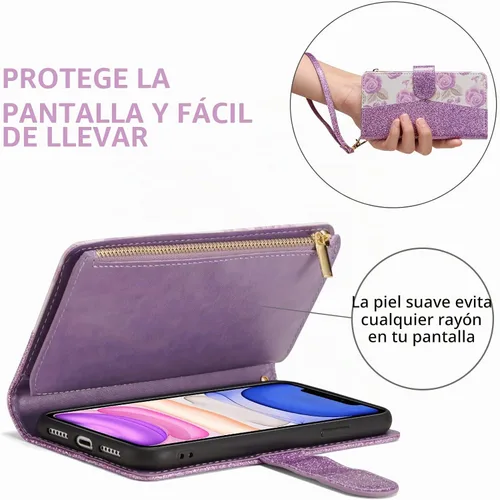 Vista 4 de UEEBAI Funda tipo cartera para iPhone 11 de 6.1 pulgadas, piel sintética con purpurina, cierre magnético, bolsillo con cremallera, ranuras