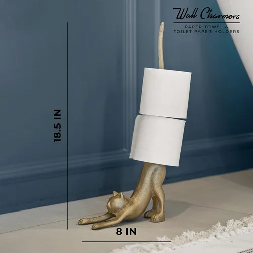 Vista 6 de WallCharmers Soporte para toallas de papel dorado, soporte de papel higiénico o de cocina de metal para piso o encimera, gato dorado