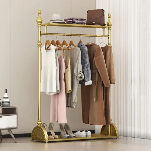 Vista 6 de Perchero de Ropa Dorado, Perchero de Ropa Industrial para Colgar Ropa con Estantes Dobles Independiente Multifuncional de Servicio Pesado Perchero