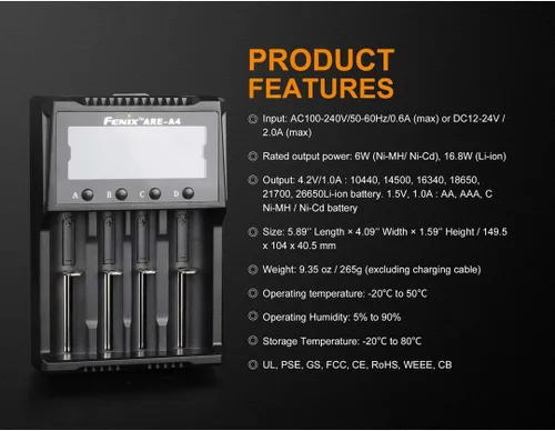 Vista 6 de FENIX are-Cargador de batería inteligente multifuncional A4 para baterías recargables populares (18650, 21700, 16340) con organizador