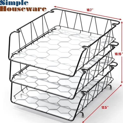 Vista 2 de Simple Houseware Bandeja apilable para cartas, rejilla de alambre, color negro Paquete de 3 con forro, bandeja de papel para documentos
