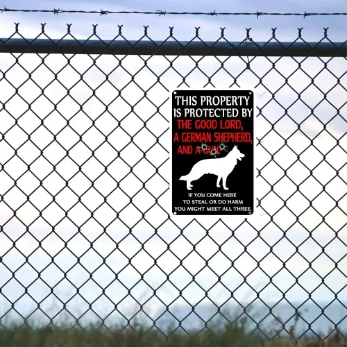 Vista 6 de Letrero de Metal Cuidado con el Perro - Letreros de Advertencia Divertidos para Propiedad Protegida por Pastores Alemanes - Letrero de Hojalata