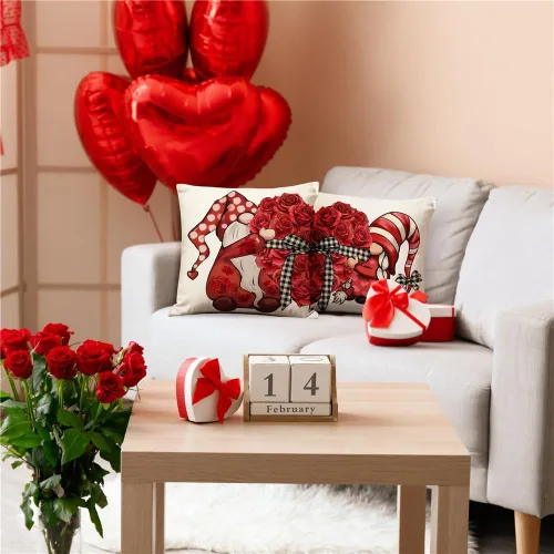 Vista 5 de Juego de 4 fundas de almohada para el día de San Valentín de 16 x 16 pulgadas, diseño de gnomos de corazón, decoración del día de San Valentín