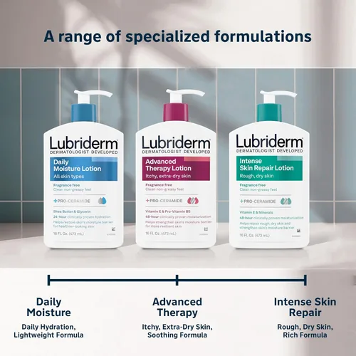 Vista 4 de Lubriderm, Loción de Humectación Diaria Libre de Fragancia + Pro-Cerámida, Manteca de Karité y Glicerina, Loción para Cara, Manos y Cuerpo para Piel