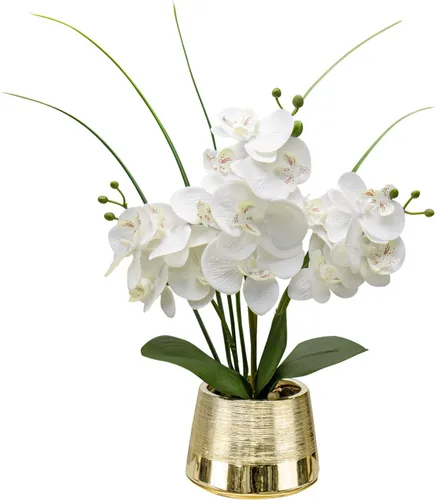 Vista 11 de Orquídeas blancas artificiales en maceta dorada, orquídea Phalaenopsis falsa, orquídea Bonsia sintética, centro de mesa para mesa de comedor