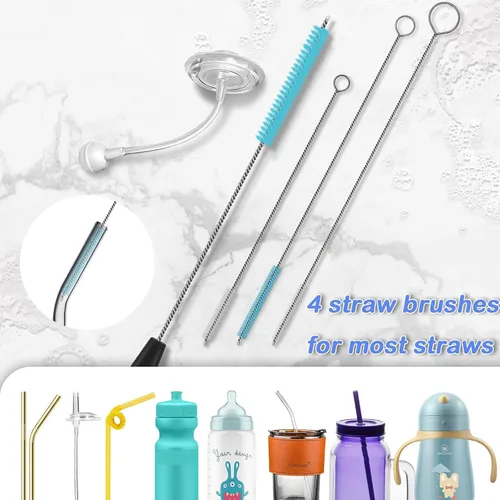 Vista 5 de Juego de 7 cepillos de limpieza de botellas de agua de mango largo de acero inoxidable para limpiar botellas de cerveza de cuello estrecho, tazas