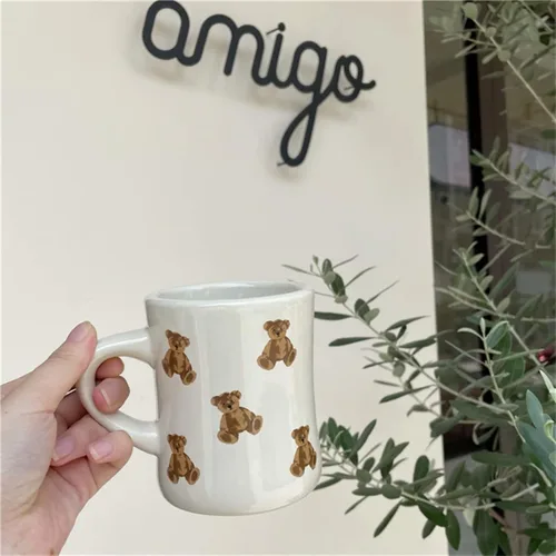 Vista 5 de Tazas de Café de Cerámica para Mujeres y Niñas, Tazas de Oso de Dibujos Animados en Crema Blanca, Taza de Agua 350ML/12OZ. Linda Taza de Café