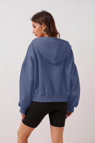 Vista 4 de MISSACTIVER Sudadera corta con capucha y cordón para mujer, de gran tamaño, con hombros caídos, forro polar, con bolsillo