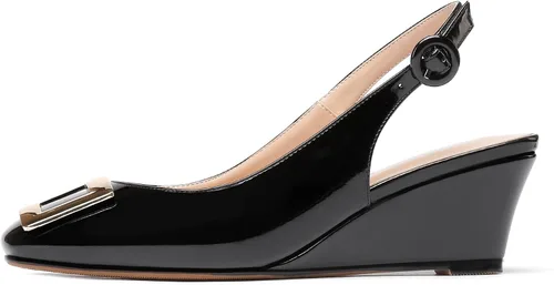 Vista 2 de WAYDERNS Zapatos de tacón bajo para mujer, con puntera cuadrada, charol, rectangular, con hebilla rectangular, de 2 pulgadas
