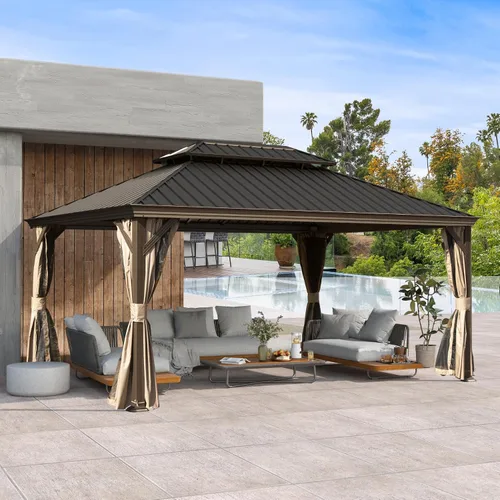 Vista 46 de Domi - Cenador de techo rígido de 8 x 8 pies con malla y cortinas, cenador para exteriores con techo doble de acero galvanizado para patio, césped