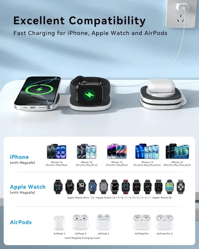 Vista 8 de Cargador inalámbrico plegable 2 en 1 Mag-Safe para iPhone 16 15 14 13 12 Series, Apple Watch Series/Ultra/SE, Airpods/Pro, cargador Magsafe portátil