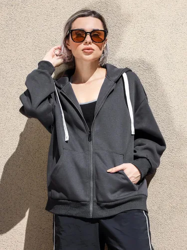 Vista 4 de ATTRACO Sudadera de gran tamaño con cremallera y bolsillos para mujer, chaqueta casual con cordón