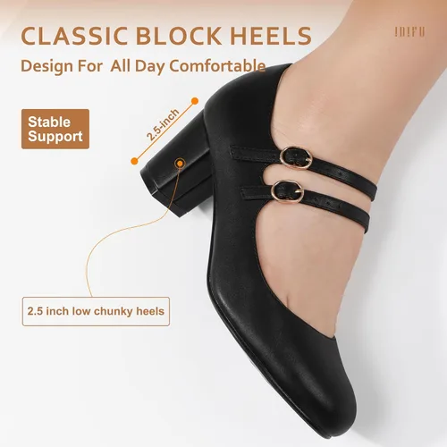 Vista 5 de IDIFU Zapatos de vestir para mujer, zapatos de tacón Mary Jane, tacón bajo, punta redonda, cerrada, boda, oficina, trabajo