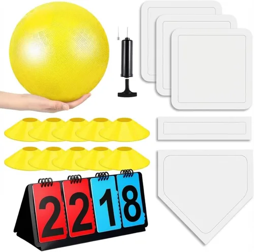 Vista 9 de Jenaai Juego de Kickball Deportivo de 18 Piezas Incluye Pelota de Patio de Juegos 5 Bases de Goma Plegables Bomba de Pelota Marcador Bolsa de Red 10