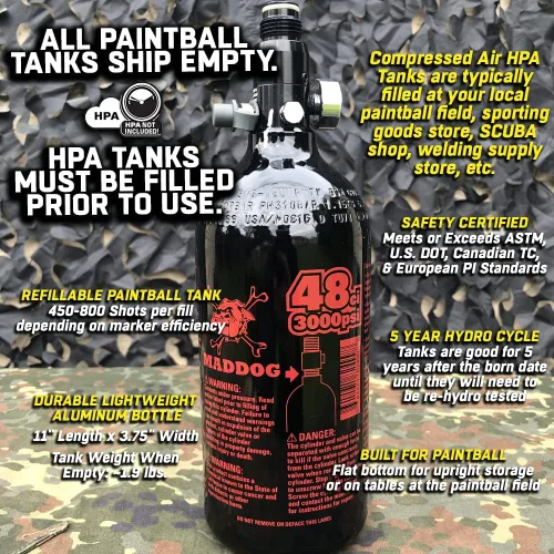 Vista 5 de Maddog Aluminum Compressed Air HPA Paintball Tank with Regulator - Airgun Airsoft PCP - Fresh Hydro Date - Ships Empty - Single - Refillable