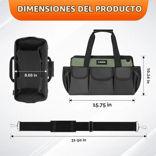 Vista 5 de Kingfun Bolsa de herramientas resistente de 16 pulgadas con 14 bolsillos, organizador de bolsa de herramientas de boca ancha con correa de hombro