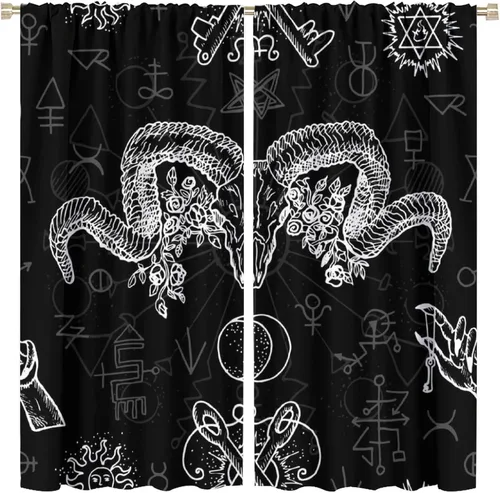 Vista 15 de BAEKJIN Cortinas de cabeza de cabra, diseño de calavera malvada, bruja, símbolo misterioso, bolsillo para barra, cortinas opacas para ventana, juego