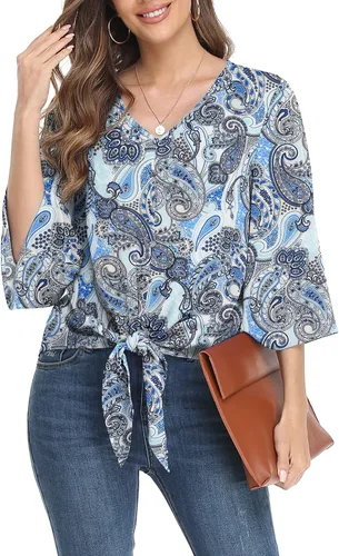 Vista 40 de VIISHOW Blusas de verano para mujer, con botones, cuello en V, de gasa, mangas acampanadas de 3/4, con nudo, casuales 01 Blanco