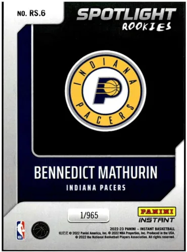 Vista 2 de BENNEDICT MATHURIN RC 2022-23 Panini Instant Spotlight Rookies /965#6 Pacers NM+-MT+ NBA Basketball